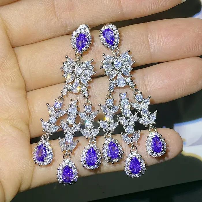 Boucles d'oreilles Vintage en argent 925, saphir Tanzanite, luxe incrusté de goutte d'eau, Zircon, c