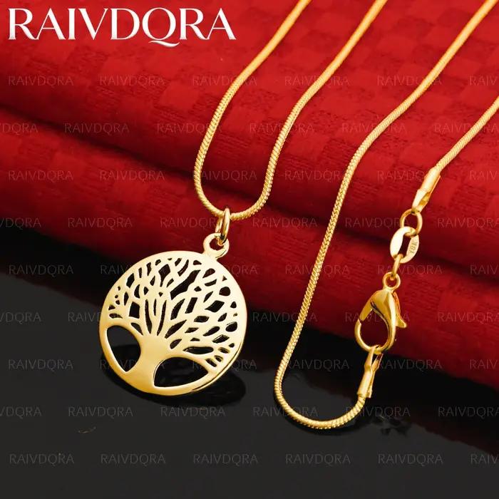 Collier pendentif arbre rond plaqué or 18 carats pour femmes et hommes