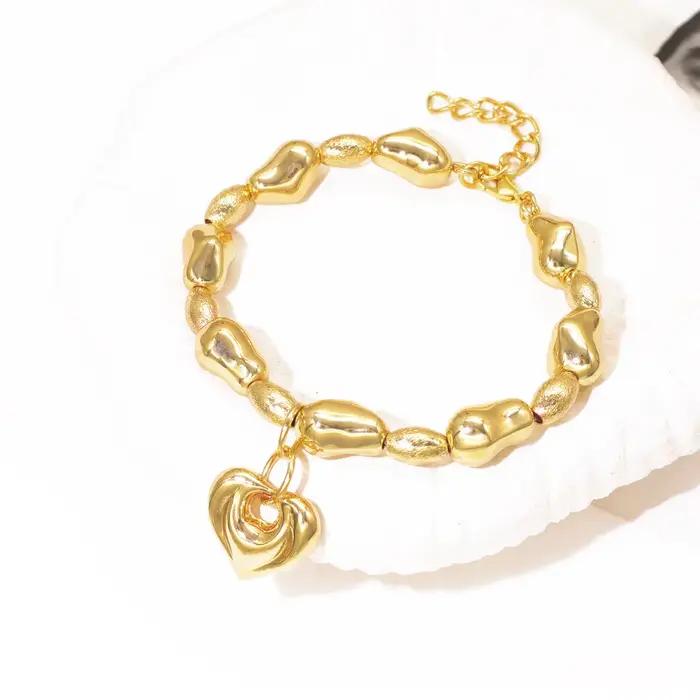 GZJPEI 2025 nouvel amant coeur ensemble de bijoux exquis perles métalliques bracelet à breloques coeurs pendentif collier cadeaux de noël à la mode