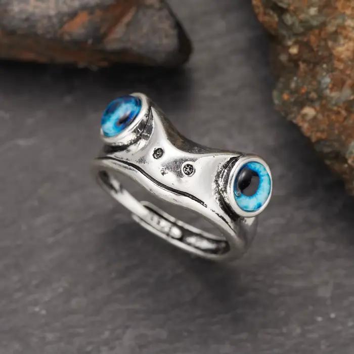 Bague gothique en forme de grenouille pour hommes et femmes, Vintage, œil bleu, couleur argent, anne