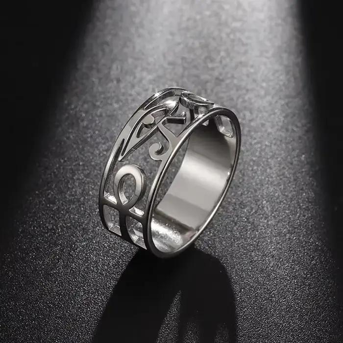 YILUOCD acier inoxydable egypte ancienne Ra Udjat anneau oeil d'horus Ankh croix anneau pour femmes