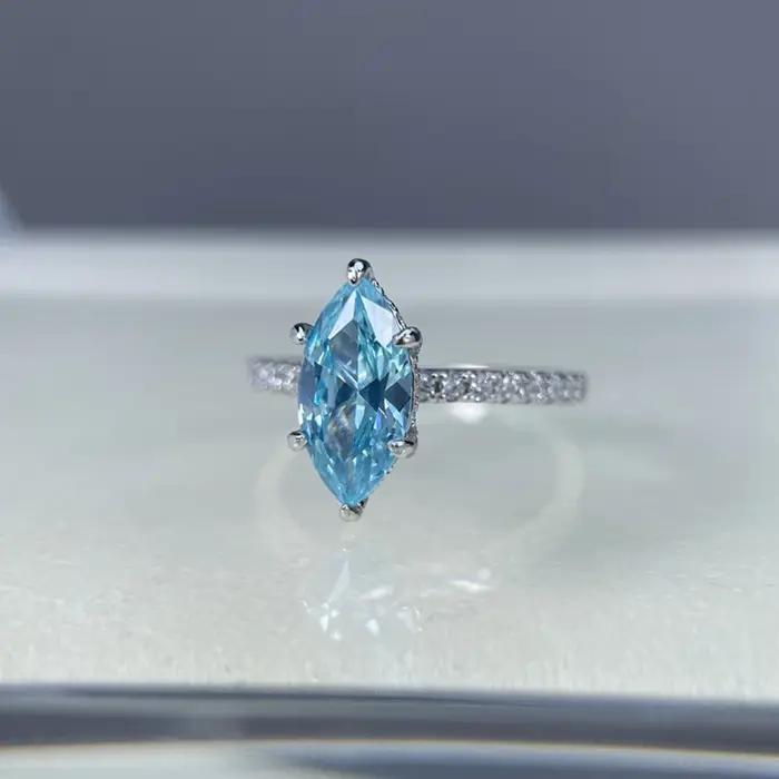 Wong Rain 925 argent Sterling Marquise coupe 6*12 MM aigue-marine haute teneur en carbone diamant gemmes bague de fiançailles pour les femmes bijoux fins