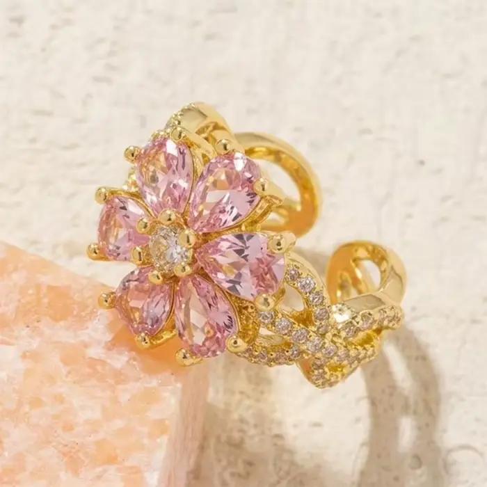 Ensemble de bagues ouvertes réglables en forme de fleur rose avec pierres en zircone cubique pour un usage quotidien et