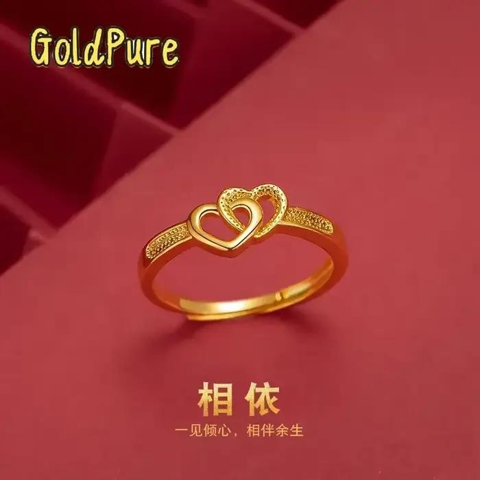Bague pour femme Goldpure Double Cœur en or véritable 24K 9999