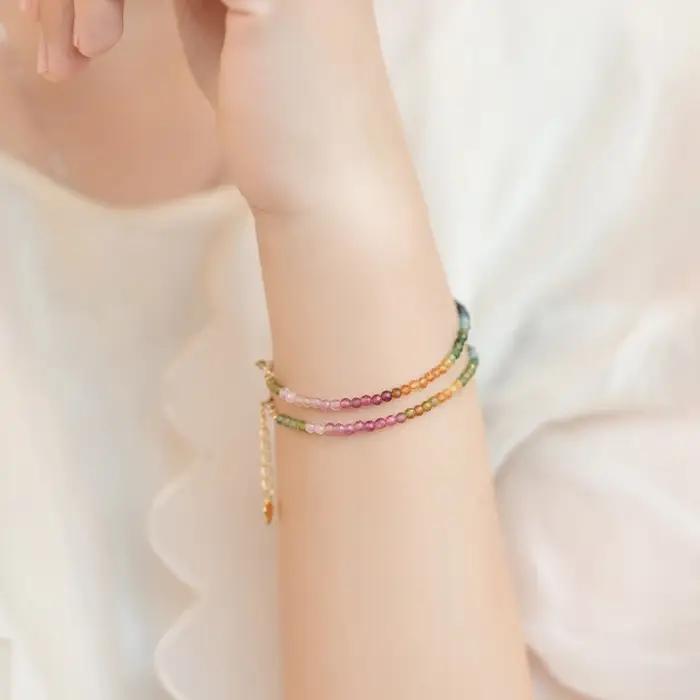 Petits bracelets en perles de tourmaline naturelle multicolores pour femmes