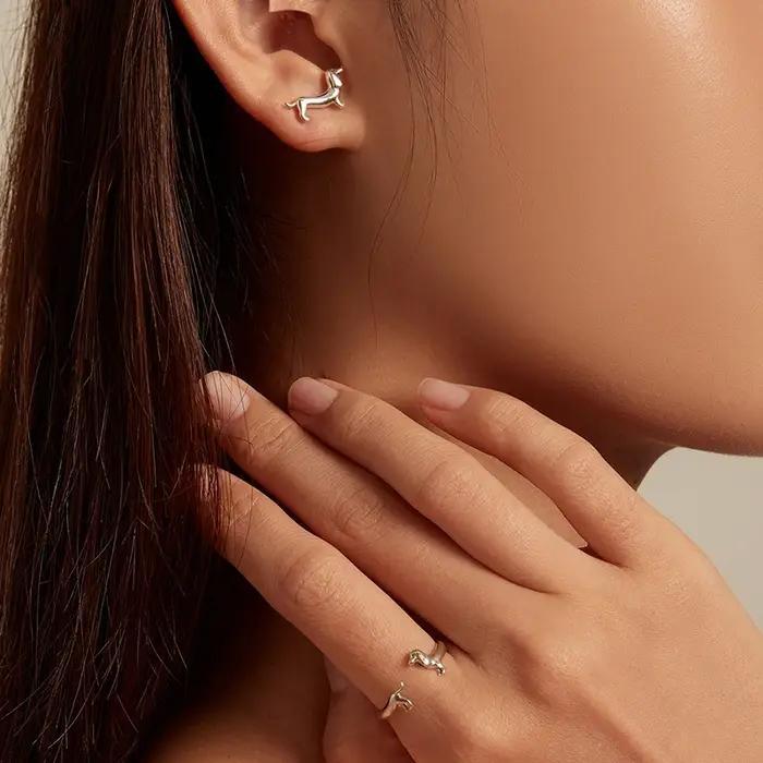 WOSTU réel 925 en argent Sterling mignon teckel chien anneaux réglables pour les femmes Original ouvert Animal anneau Fine famille bijoux cadeau