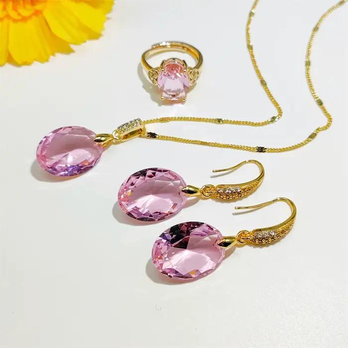 Ensemble de 3 boucles d'oreilles ovales en cristal rose pour femme