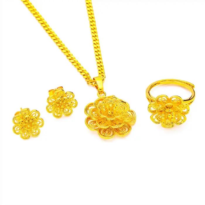 Ensembles de Bijoux couleur or jaune pour femmes, pendentif fleur, collier, bague, boucles d'oreilles, ensemble de 3 pièces, accessoires de Bijoux de mariage