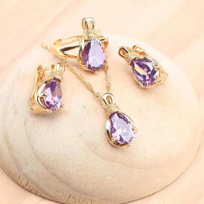 Ensembles de bijoux de mariée en argent 925 pour femmes, boucles d'oreilles en pierre de mariage, bagues, pendentif, collier, ensemble de couleur or
