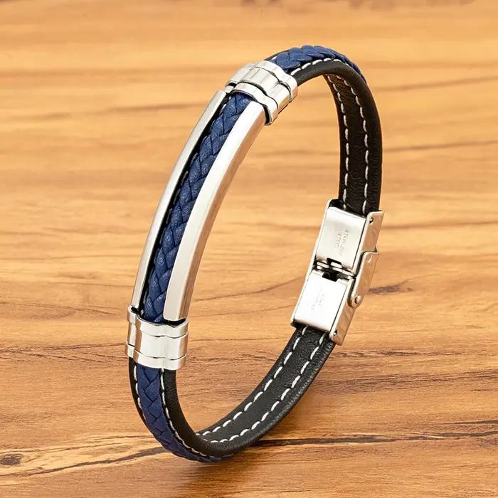 TYO mode tissé en cuir véritable métal acier inoxydable boucle de sécurité Bracelet hommes