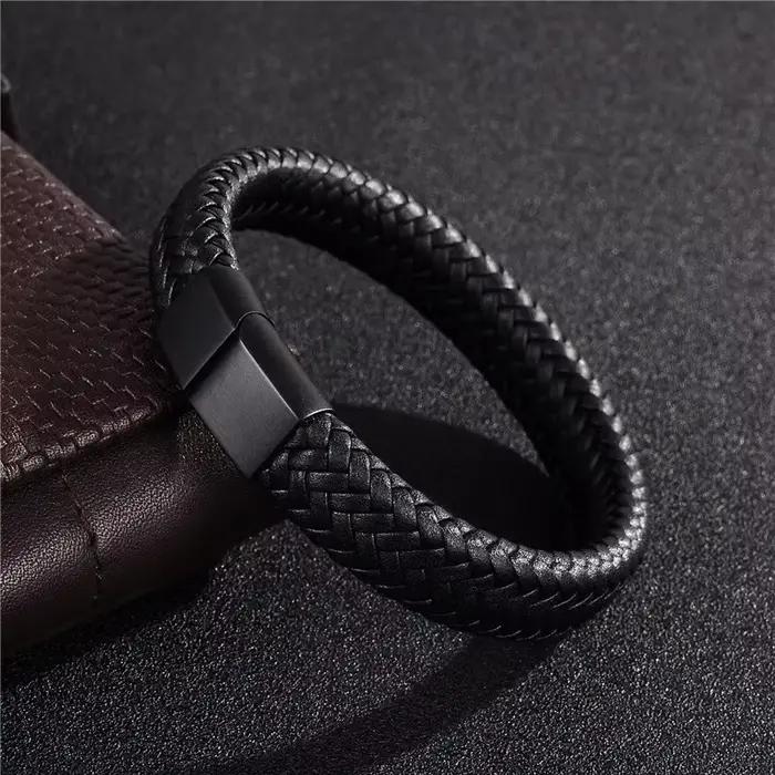 Bracelet en cuir tressé noir classique avec fermoir magnétique, fermoirs robustes et élégants pour homme, bijou simple et tendance, cadeau