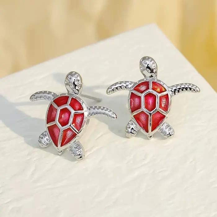 Boucles d'oreilles tortue Animal mignon pour femmes, couleur argent, bleu, rouge, émail, résine, bij
