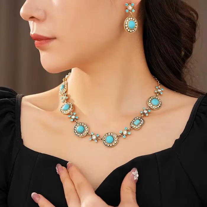 Ensemble de bijoux pour femme élégant et tendance, collier avec pendentif en pierre ronde médiévale, boucles d'oreilles pendantes, réglable, incrusté de strass, N1