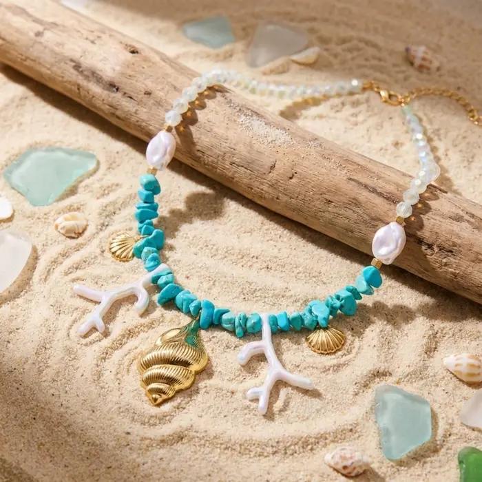 Collier en résine coquillage métallique et pierres concassées de corail pour femmes et hommes