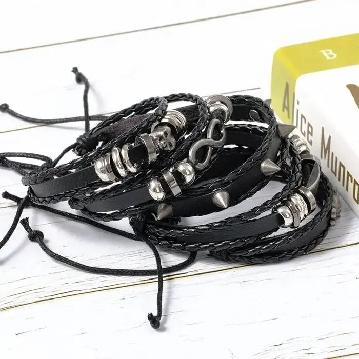 Ensemble de bracelets tressés de style punk 5 pièces en cuir et alliage de zinc violet pour homme et femme occasions spéciales