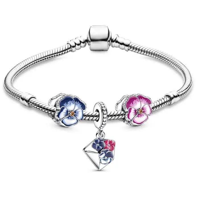 Bracelet à Breloques de Style Printemps avec Fleurs Roses Bleues et Papillon, Pendentif en Perles, B
