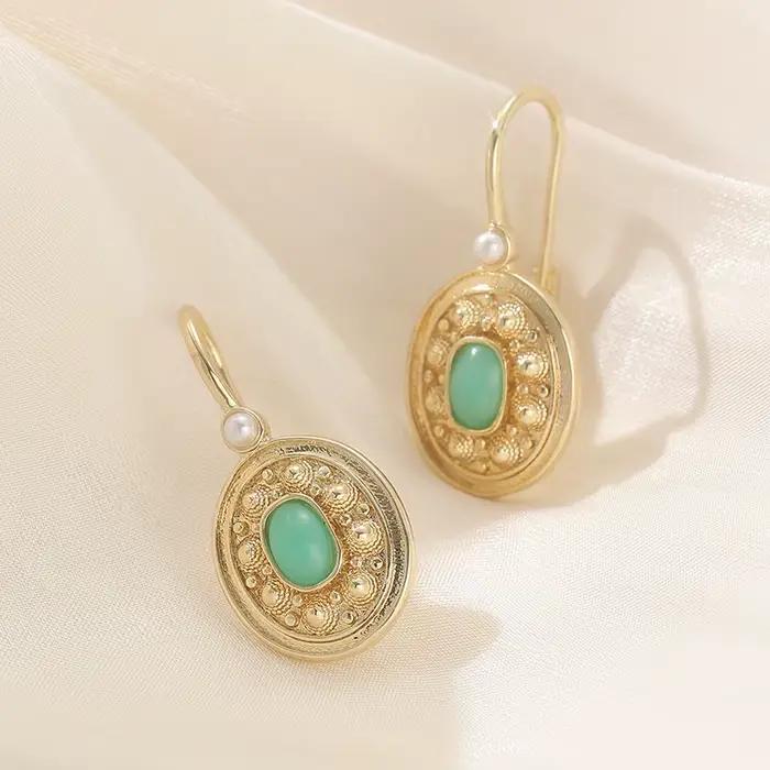 Boucles d'oreilles pendantes dorées vintage pour femmes, style cour élégant, imitation turquoise, bi