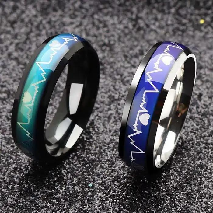Bague personnalisée en acier inoxydable avec tracker de battements cardiaques et humeur pour femmes, alliances de mariage, coeurs modernes et bijoux technologiques