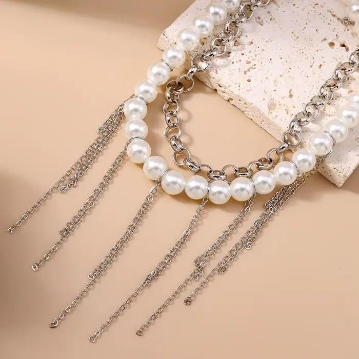 Collier Aihua multicouche à longues pampilles et perles d'imitation pour femme, collier ras-du-cou tendance avec perles, bijoux de mariage Y2K, cadeaux