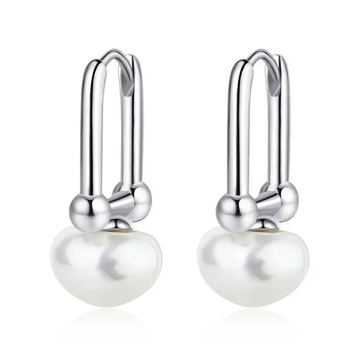 Boucles d'oreilles créoles en perles couleur argent pour femmes, style géométrique minimaliste, acce
