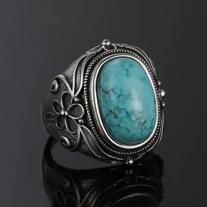 Bague Vintage en Argent Sterling S925 Turquoise Naturelle Bijou Luxe Cadeau Anniversaire Fête Spéciale Femme Occasions Spéciales