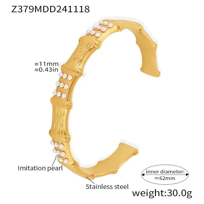 Bracelet unique plaqué or 18 carats pour femme, incrusté de perles, en acier inoxydable, jonc ouvert
