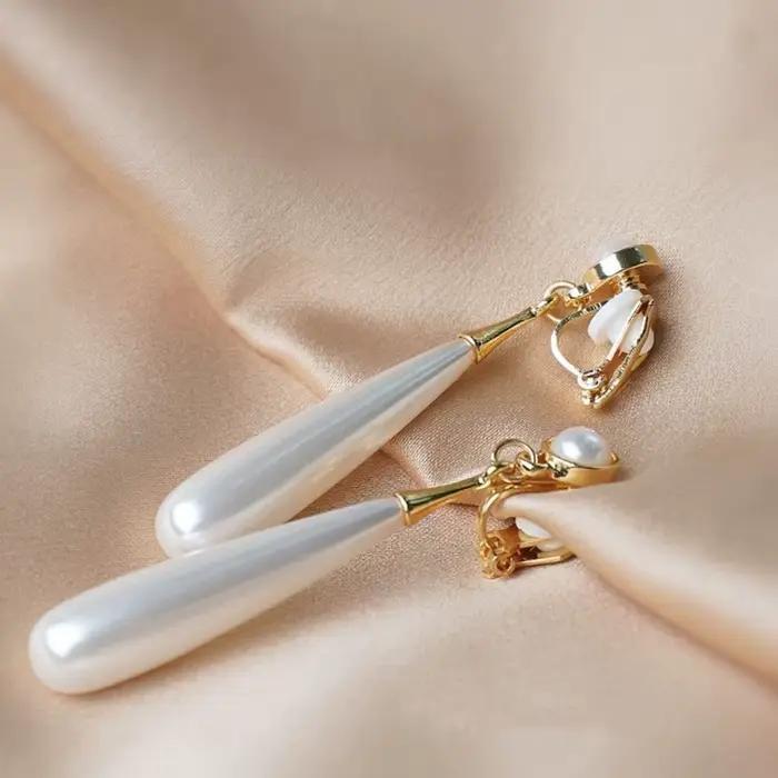 Clips d'oreille en perles de gouttelette d'eau simples pour femmes, boucles d'oreilles à clipser rondes, vintage, long, élégant, non piercing, fête de mariage, géométrie