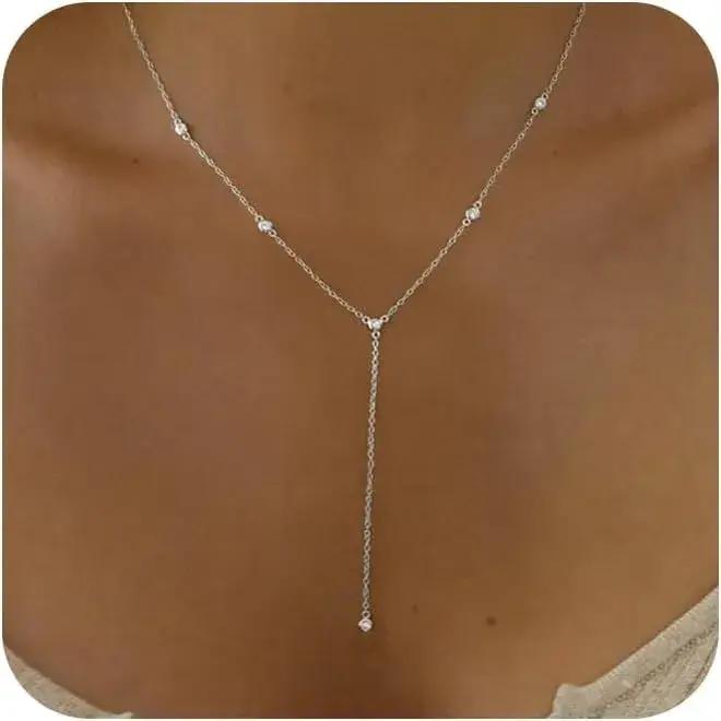 Boho mode bijoux femmes délicat 14 K or colliers blanc plaqué or CZ Lariat collier
