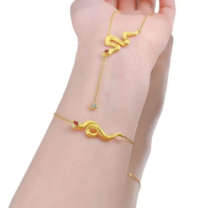 Luxe BVLG Style Vintage 18K plaqué or 925 argent rubis serpent Bracelet/collier ensemble