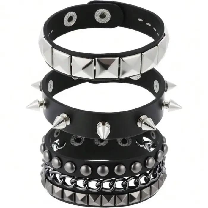 Bracelet gothique Punk noir pour hommes et femmes, manchette à rivets à pointes Vintage, en cuir uni