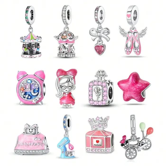 Breloques perle 925 en argent sterling rose carrousel réveil ajustement bracelet collier bijoux à bricoler soi-même fleurs charms occasions spéciales