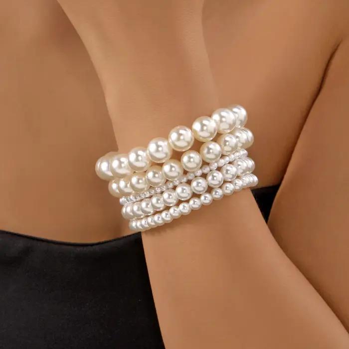 Ensemble de Bracelets en perles d'imitation blanches pour femmes