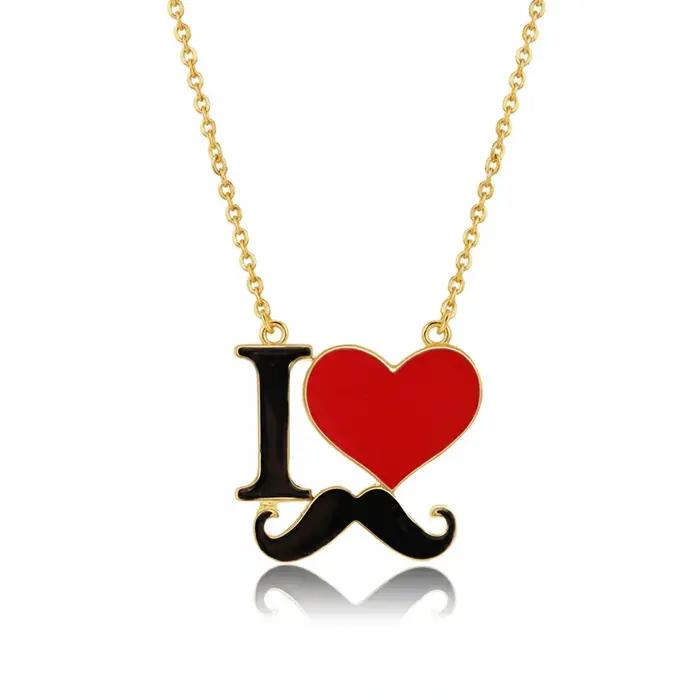 Colliers en émail couleur argent et or pour femmes et filles, bijoux à la mode, I Love moustache, cœ