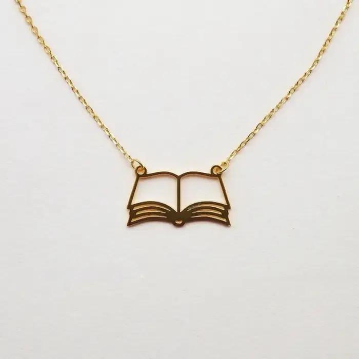 Livres de lecture pendentif collier pour femmes en acier inoxydable ver de bibliothèque étudiant bijoux tour de cou
