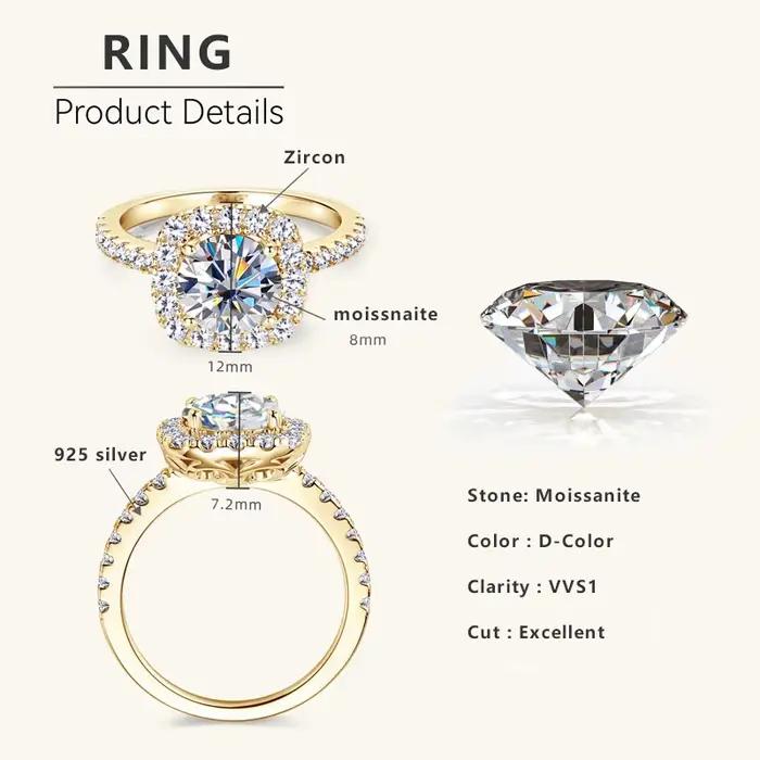 Lnngy 8mm 2ct Moissanite Halo bague certifié 925 en argent Sterling bagues de fiançailles pour femmes filles fête de mariage bijoux cadeau