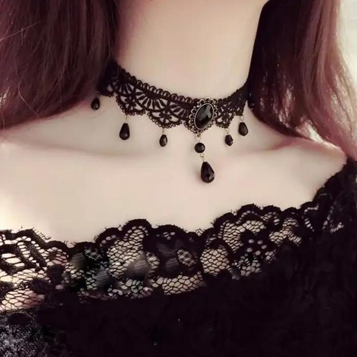 Nouveau Sexy gothique Sautoirs cristal noir dentelle cou collier ras du cou Vintage victorien femmes Chocker Steampunk bijoux