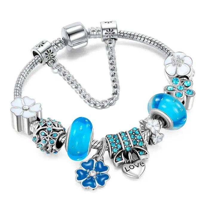 Bracelet à breloques en argent vintage pour femme perles de cristal bricolage bijoux de marque occasions spéciales anniversaire cadeau fête mariage