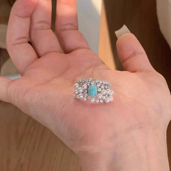 Bague vintage en argent 925 avec diamant incrusté de perles turquoise
