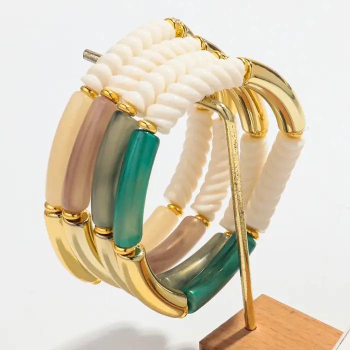Bracelets à Main en Fil de Bambou Acrylique pour Femme Accessoire en Résine Empilable Tube Fin Perle Extensible Bijoux Cadeaux Occasions Spéciales