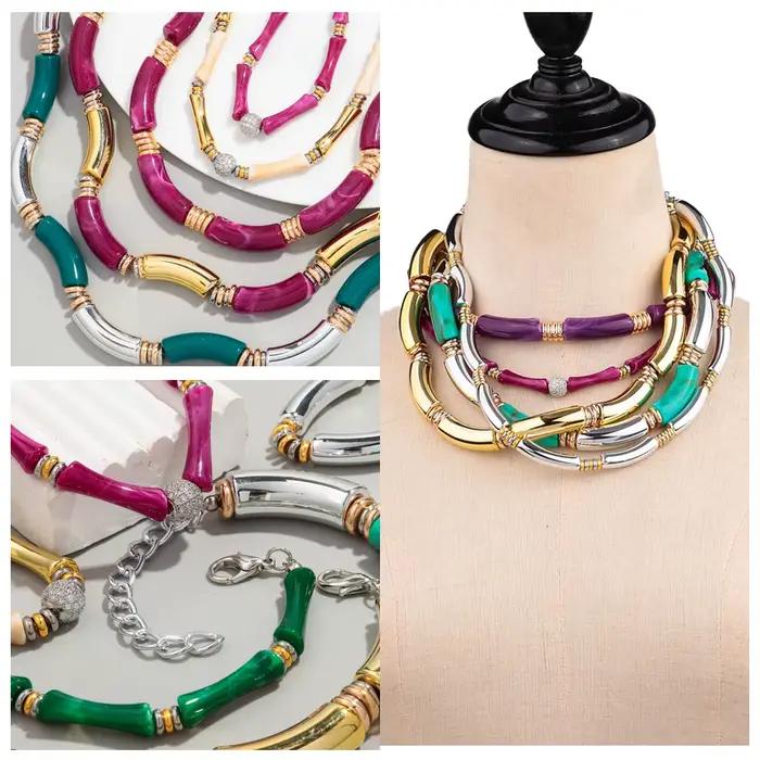 Boho Acrylique Bambou Tube Incurvé Empilable Président Colliers, Bracelet pour Femmes Hommes, Hip Hop Résine Coude Perles Collier Ras Du Cou 2024 Bijoux