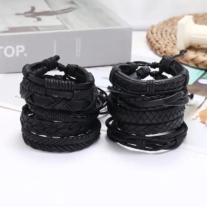 Ensemble de bracelets en cuir noir tressé à la main unisexe