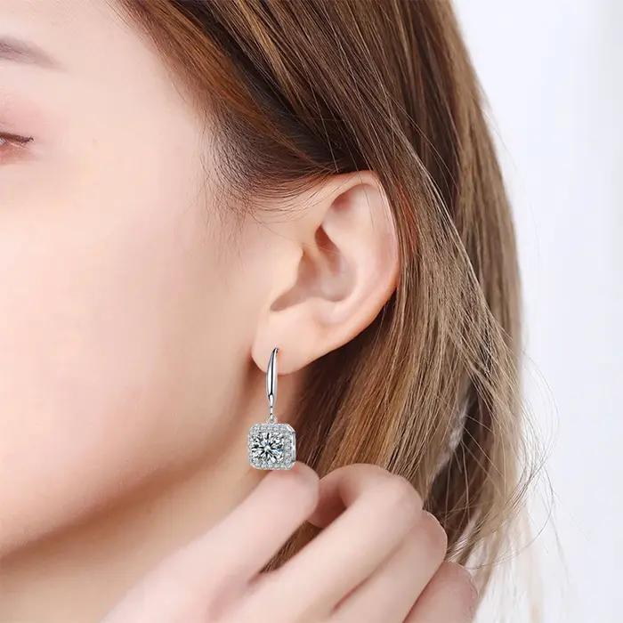 Nouvelle mode Fine 925 en argent Sterling Zircon rond et carré boucles d'oreilles femmes bijoux cadeau cristal luxe pendentif crochet oreille balancent