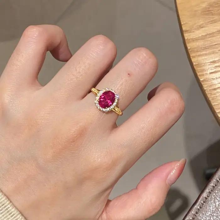 Bagues elliptiques classiques luxueuses en rubis Rose pour femmes, incrustation de diamant, mode lég