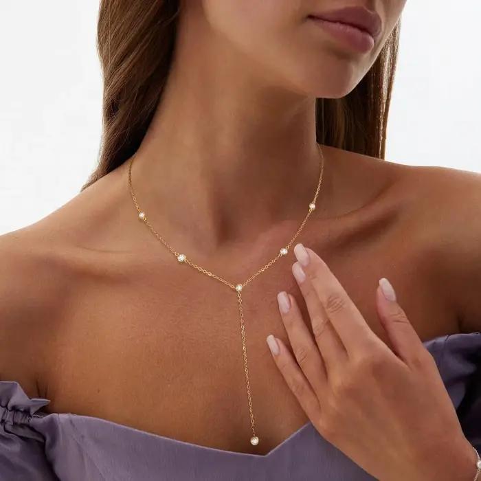 Boho mode bijoux femmes délicat 14 K or colliers blanc plaqué or CZ Lariat collier