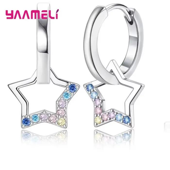 Boucles d'oreilles en argent sterling 925 avec étoiles et zircon cubique arc-en-ciel pour femmes et filles bijoux tendance mariage fête cadeau occasion spéciale