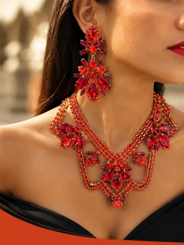 Parure de collier en verre rouge cuir avec boucles d'oreilles imposantes pour femmes pour soirées et cérémonies élégantes