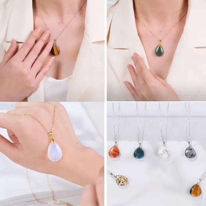 Nouveau Pendentif Goutte d'Eau en Pierre Naturelle et Cristal