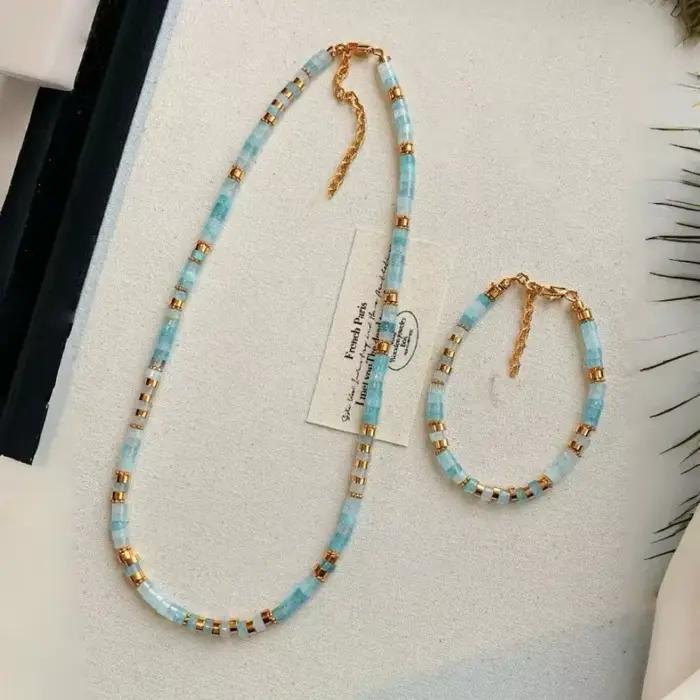Collier de perles aigue-marine en pierre naturelle colorée pour femmes, fait à la main, léger, de luxe, petit arc de jaspe chinois, chaîne de cou, bijoux