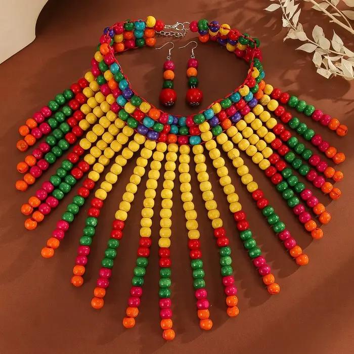 Ensemble de bijoux fantaisie bohème rétro ethnique fait main avec collier bib tissé de perles en bois et boucles