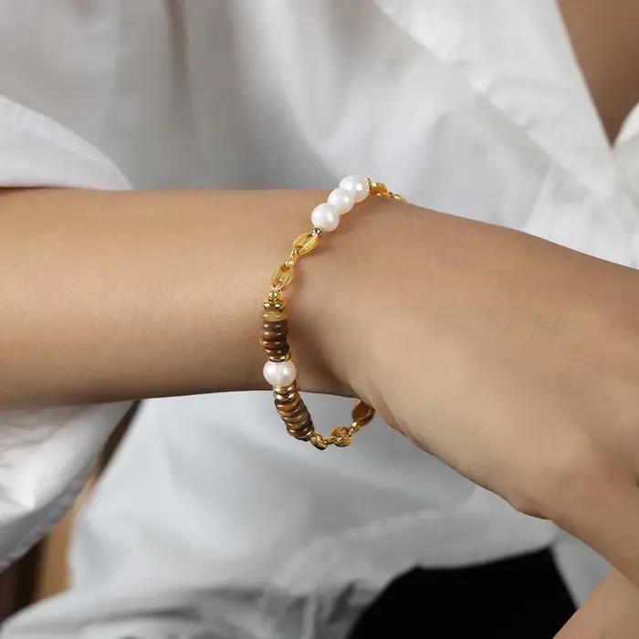 Oeil de tigre pierre épissure perle d'eau douce chaîne de perles collier Bracelet en acier inoxydable chaînes de cou colliers Bracelets pour femme